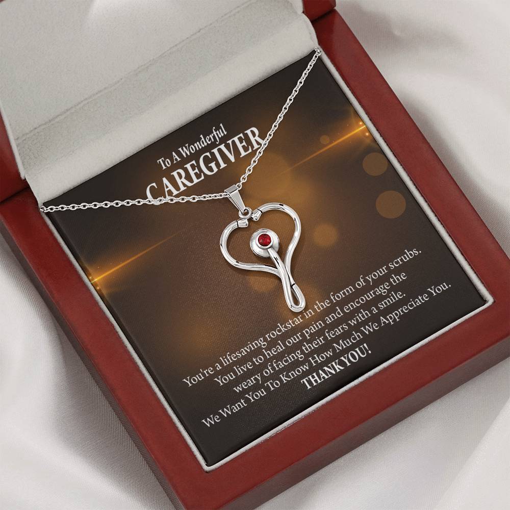 Rockstar Caregiver Heart Scope Necklace Red Swarovski Crystal Standard Box